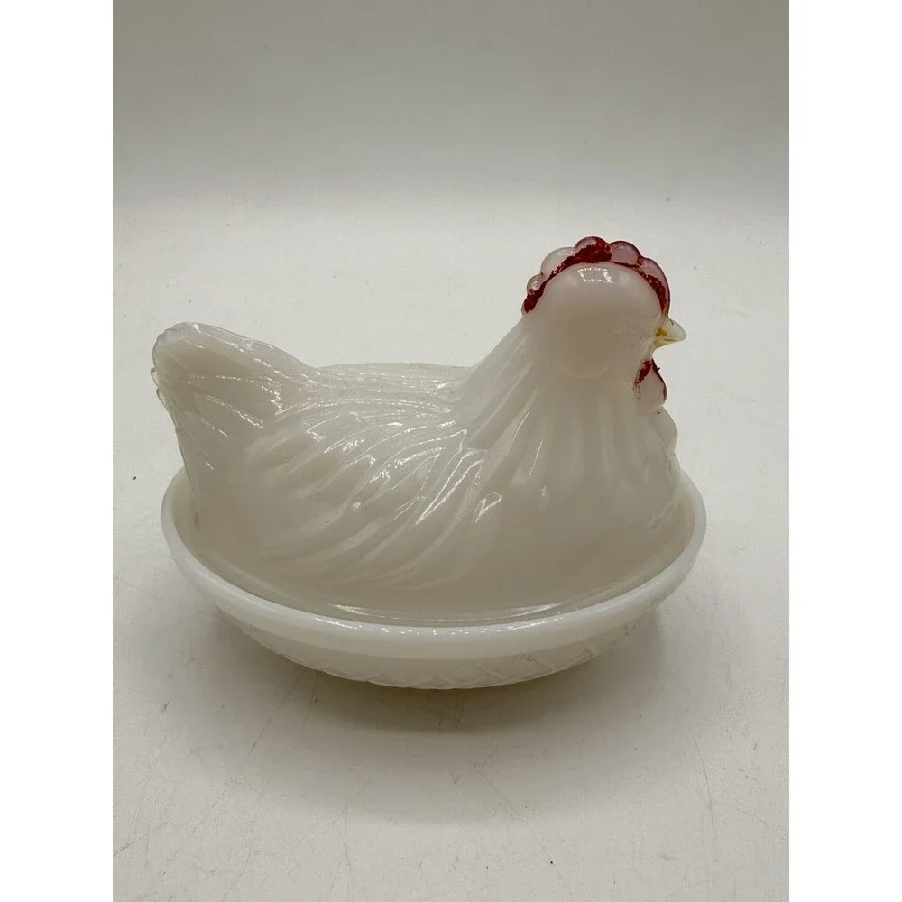 4” Hen On Nest Chicken Opaque White Milk Glass Covered Dish Unmarked No Stamp